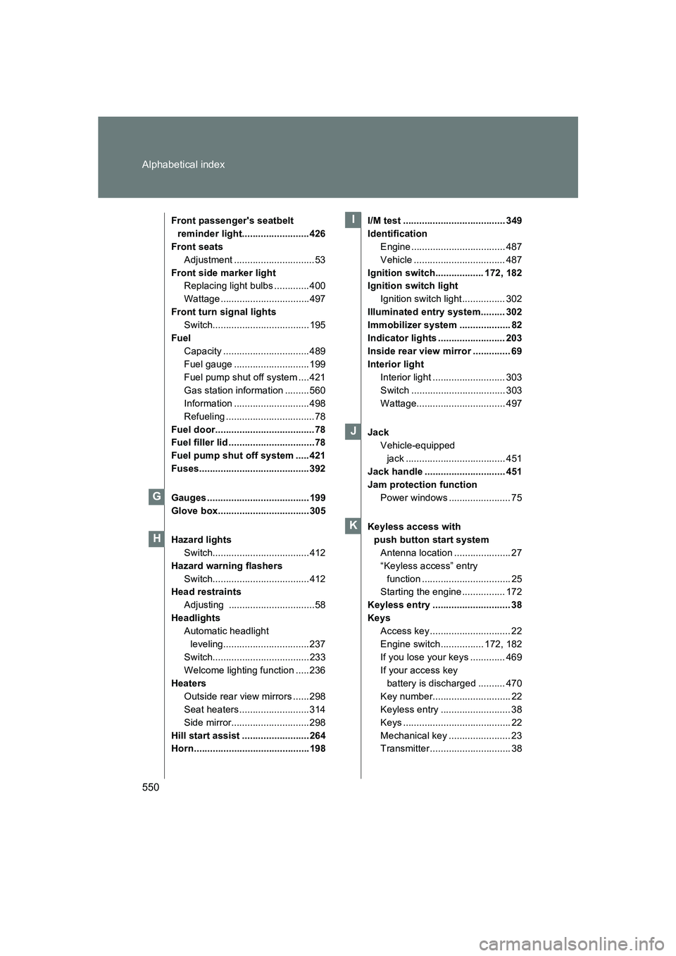 SUBARU BRZ 2019  Owners Manual 550 Alphabetical index
BRZ_U
Front passengers seatbelt reminder light......................... 426
Front seats Adjustment ..............................53
Front side marker light Replacing light bulb