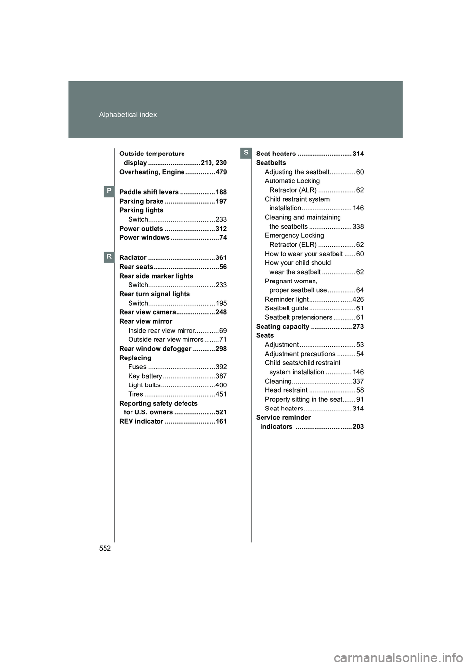 SUBARU BRZ 2019 Owners Manual 552 Alphabetical index
BRZ_U
Outside temperature display ............................210, 230
Overheating, Engine ................ 479
Paddle shift levers ................... 188
Parking brake ....... SUBARU BRZ 2019 Owners Manual 552 Alphabetical index
BRZ_U
Outside temperature display ............................210, 230
Overheating, Engine ................ 479
Paddle shift levers ................... 188
Parking brake .......