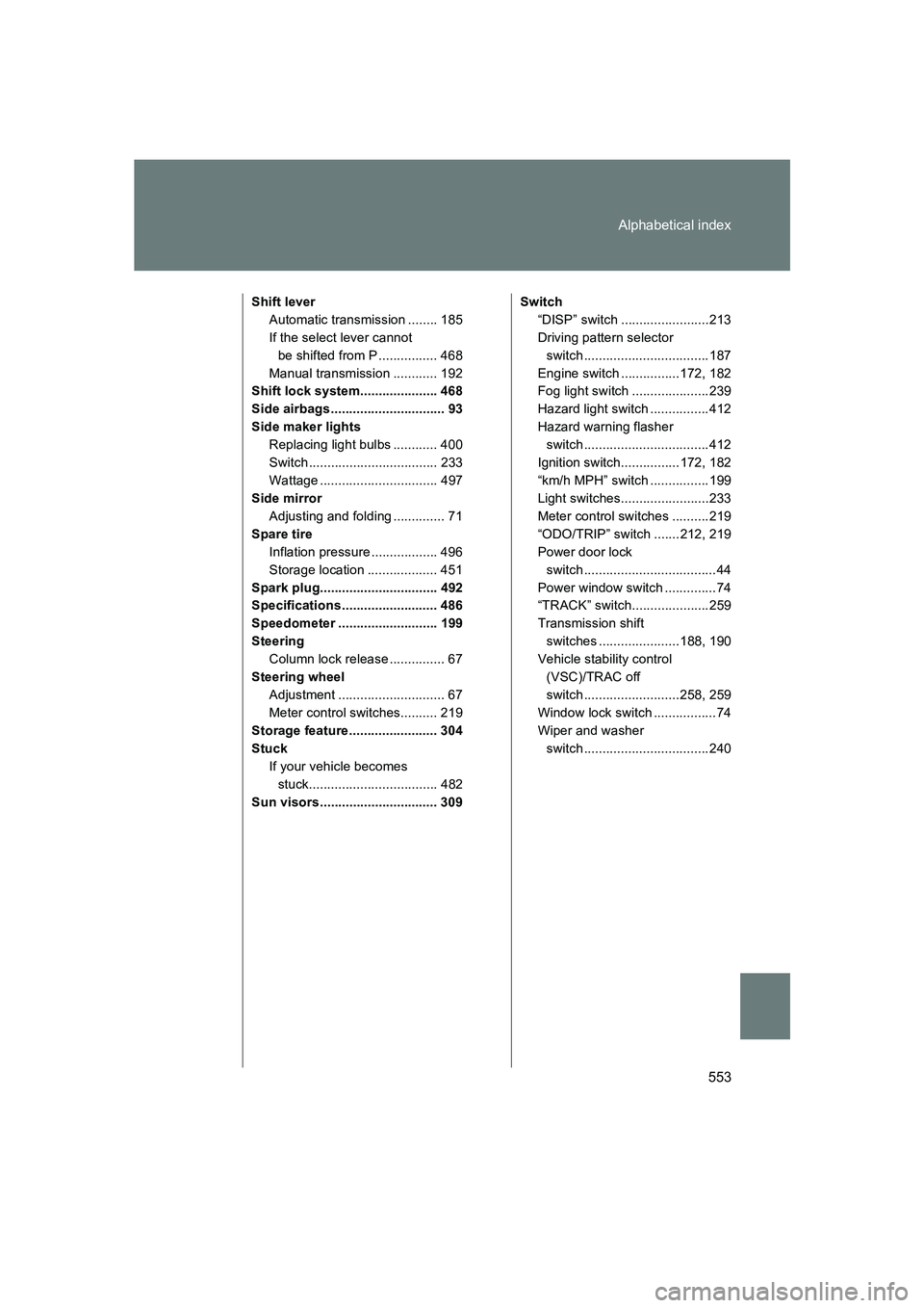 SUBARU BRZ 2019 Owners Manual 553
Alphabetical index
BRZ_U
Shift lever
Automatic transmission ........ 185
If the select lever cannot be shifted from P ................ 468
Manual transmission ............ 192
Shift lock system... SUBARU BRZ 2019 Owners Manual 553
Alphabetical index
BRZ_U
Shift lever
Automatic transmission ........ 185
If the select lever cannot be shifted from P ................ 468
Manual transmission ............ 192
Shift lock system...