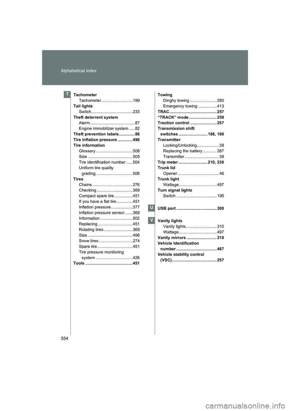 SUBARU BRZ 2019 Owners Manual 554 Alphabetical index
BRZ_U
TachometerTachometer ........................... 199
Tail lights Switch.................................... 233
Theft deterrent system Alarm .............................. SUBARU BRZ 2019 Owners Manual 554 Alphabetical index
BRZ_U
TachometerTachometer ........................... 199
Tail lights Switch.................................... 233
Theft deterrent system Alarm ..............................