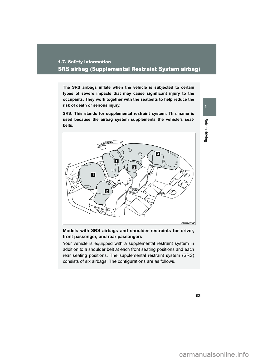 SUBARU BRZ 2019  Owners Manual 93
1
1-7. Safety information
Before driving
BRZ_U
SRS airbag (Supplemental Restraint System airbag)
The SRS airbags inflate when the vehicle is subjected to certain
types of severe impacts that may ca
