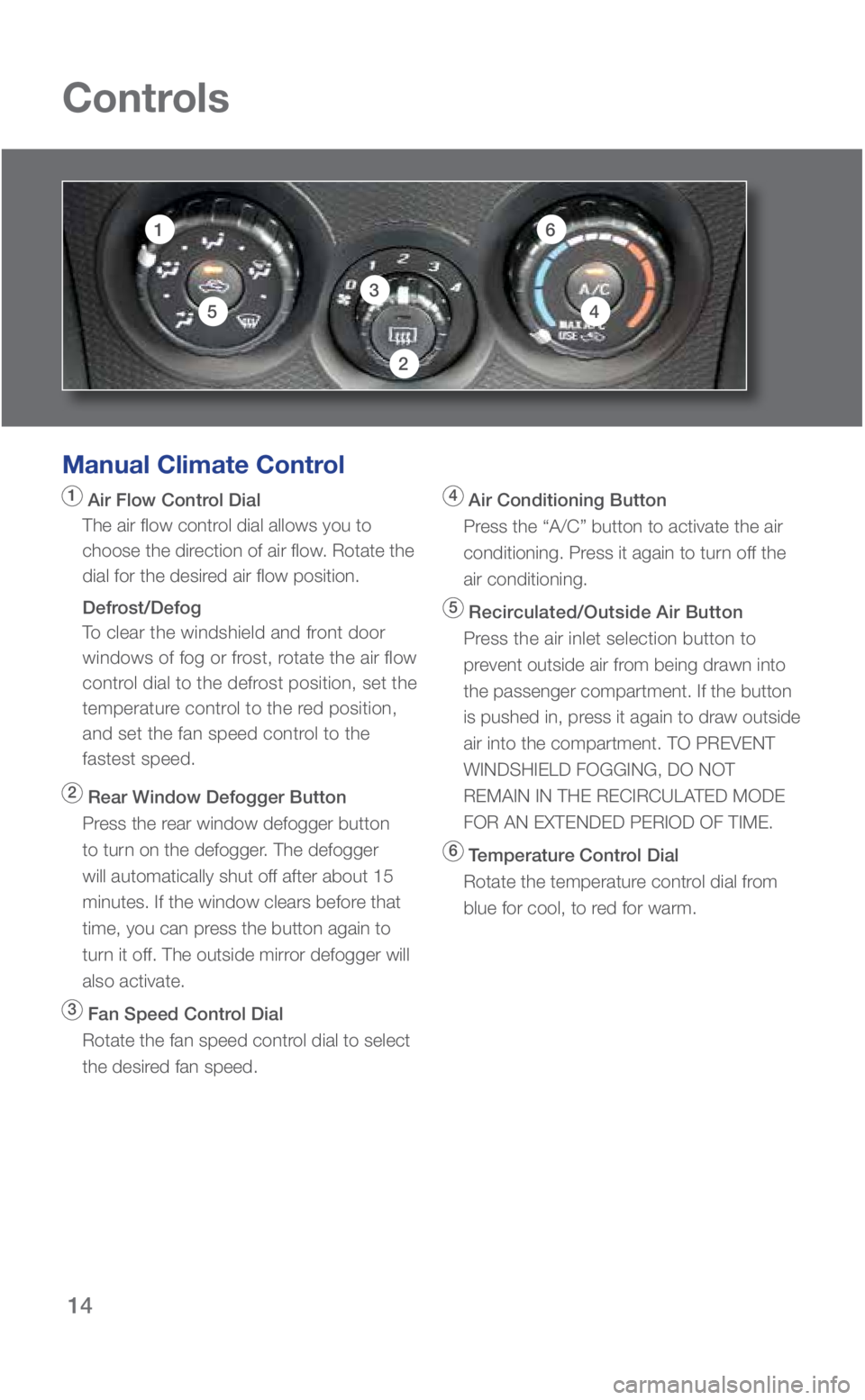 SUBARU BRZ 2019 Quick Guide 14
Controls
1
3
2
6
54
Manual Climate Control
1 Air Flow Control Dial
The air flow control dial allows you to
choose the direction of air flow. Rotate the
dial for the desired air flow position.
SUBARU BRZ 2019 Quick Guide 14
Controls
1
3
2
6
54
Manual Climate Control
1 Air Flow Control Dial
The air flow control dial allows you to
choose the direction of air flow. Rotate the
dial for the desired air flow position.