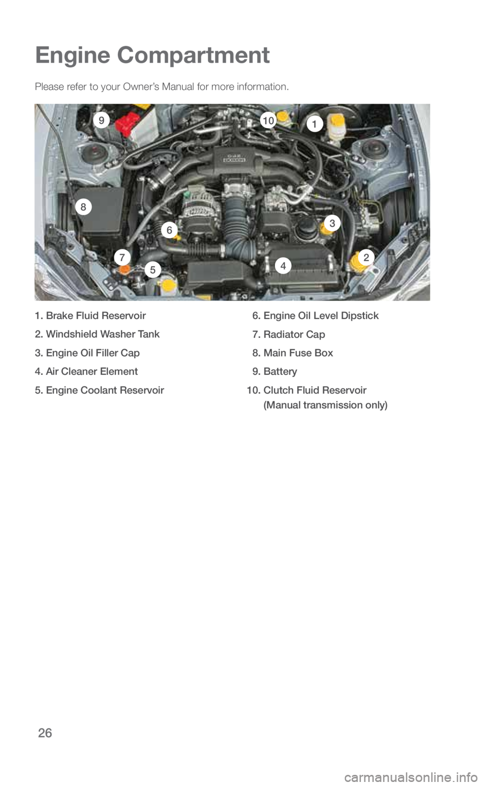 SUBARU BRZ 2019 Quick Guide 26
Please refer to your Owner’s Manual for more information.
1. Brake Fluid Reservoir
2. Windshield Washer Tank
3. Engine Oil Filler Cap
4. Air Cleaner Element
5. Engine Coolant Reservoir 6. Engi SUBARU BRZ 2019 Quick Guide 26
Please refer to your Owner’s Manual for more information.
1. Brake Fluid Reservoir
2. Windshield Washer Tank
3. Engine Oil Filler Cap
4. Air Cleaner Element
5. Engine Coolant Reservoir 6. Engi