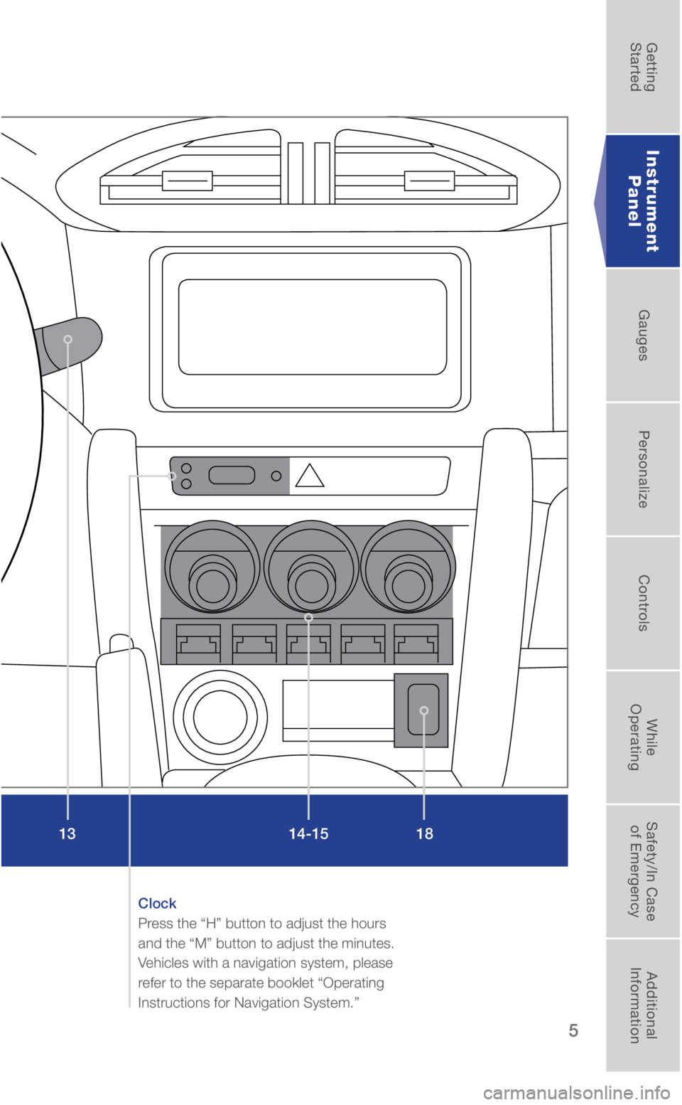 SUBARU BRZ 2019  Quick Guide 5
Clock 
Press the “H” button to adjust the hours 
and the “M” button to adjust the minutes. 
Vehicles with a navigation system, please 
refer to the separate booklet “Operating 
Instruction