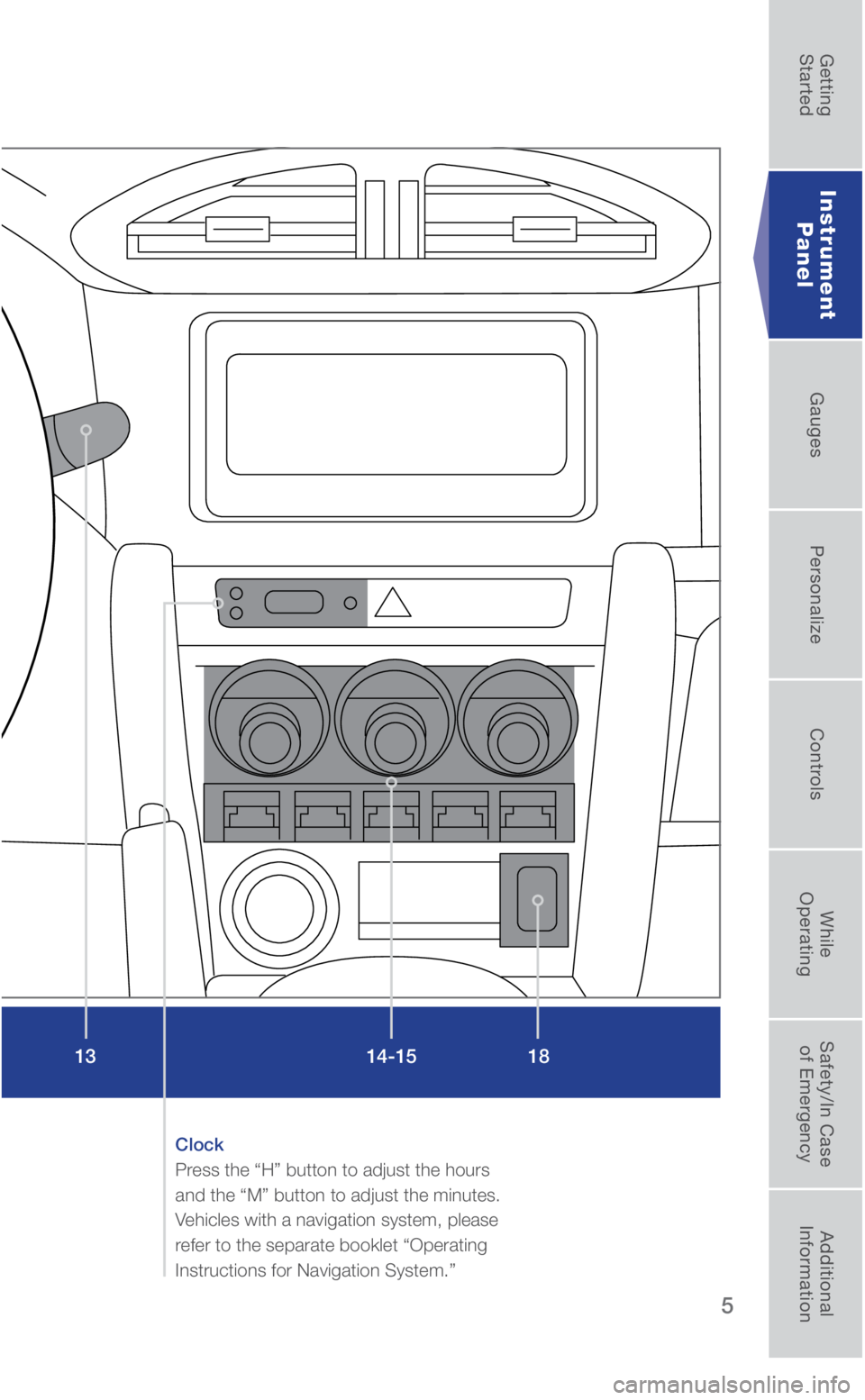 SUBARU BRZ 2019 Quick Guide 5
Clock
Press the “H” button to adjust the hours
and the “M” button to adjust the minutes.
Vehicles with a navigation system, please
refer to the separate booklet “Operating
Instruction SUBARU BRZ 2019 Quick Guide 5
Clock
Press the “H” button to adjust the hours
and the “M” button to adjust the minutes.
Vehicles with a navigation system, please
refer to the separate booklet “Operating
Instruction