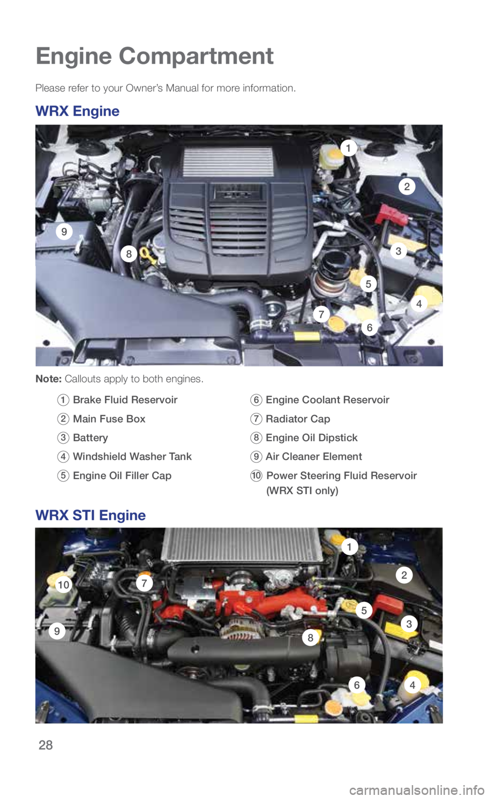 SUBARU WRX 2019 Quick Guide 28
102
3
7
1
8
5
4
9
6
Engine Compartment
Additional
Information
Please refer to your Owner’s Manual for more information.
WRX Engine
Note: Callouts apply to both engines.
1 Brake Fluid Reservo SUBARU WRX 2019 Quick Guide 28
102
3
7
1
8
5
4
9
6
Engine Compartment
Additional
Information
Please refer to your Owner’s Manual for more information.
WRX Engine
Note: Callouts apply to both engines.
1 Brake Fluid Reservo
