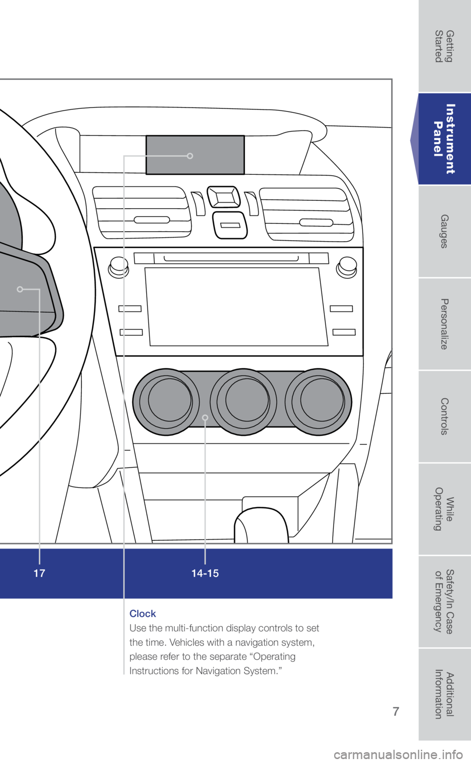 SUBARU WRX 2019 Quick Guide 7
Instrument Panel
14-15
17
Clock
Use the multi-function display controls to set
the time. Vehicles with a navigation system,
please refer to the separate “Operating
Instructions for Navigation SUBARU WRX 2019 Quick Guide 7
Instrument Panel
14-15
17
Clock
Use the multi-function display controls to set
the time. Vehicles with a navigation system,
please refer to the separate “Operating
Instructions for Navigation