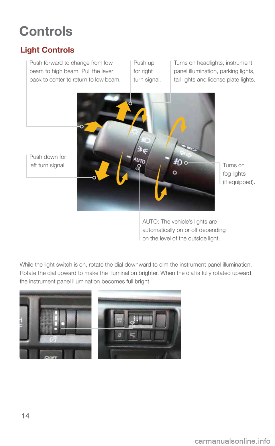 SUBARU IMPREZA 2018  Quick Guide 14
Controls
While the light switch is on, rotate the dial downward to dim the instrument panel illumination. 
Rotate the dial upward to make the illumination brighter. When the dial is fully rotated u