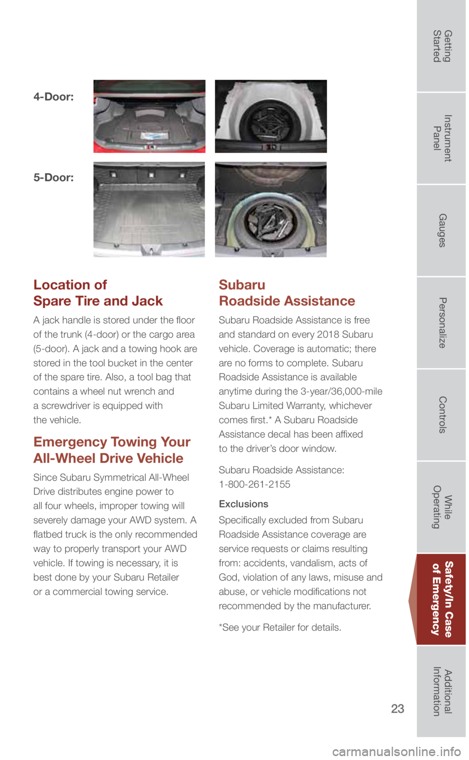 SUBARU IMPREZA 2018 Quick Guide 23
Location of
Spare Tire and Jack
A jack handle is stored under the floor
of the trunk (4-door) or the cargo area
(5-door). A jack and a towing hook are
stored in the tool bucket in the center
SUBARU IMPREZA 2018 Quick Guide 23
Location of
Spare Tire and Jack
A jack handle is stored under the floor
of the trunk (4-door) or the cargo area
(5-door). A jack and a towing hook are
stored in the tool bucket in the center