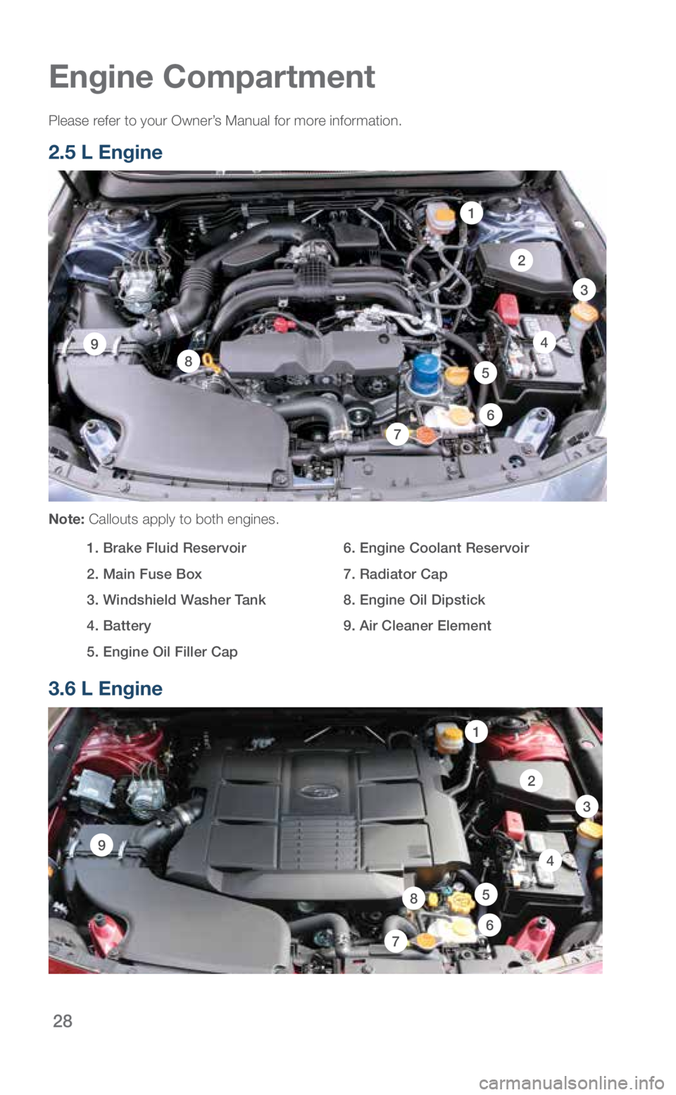 SUBARU LEGACY 2018  Quick Guide 28
2
3
7
1
85
49
6
Engine Compartment
Please refer to your Owner’s Manual for more information. 
2.5 L Engine
 
Note: Callouts apply to both engines.
 1.  Brake Fluid Reservoir
  2. Main Fuse Box 
 