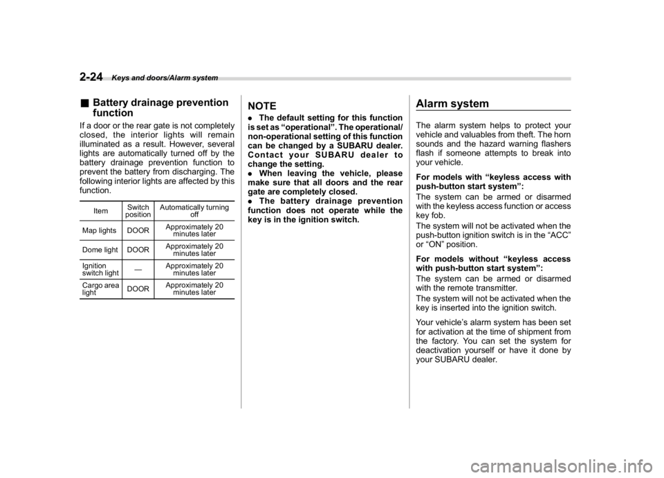 SUBARU CROSSTREK 2018 Owners Manual (126,1)
北米Model "A1320BE-C" EDITED: 2017/ 10/ 10
&Battery drainage prevention
functionIf a door or the rear gate is not completely
closed, the interior lights will remain
illuminated as a result. SUBARU CROSSTREK 2018 Owners Manual (126,1)
北米Model "A1320BE-C" EDITED: 2017/ 10/ 10
&Battery drainage prevention
functionIf a door or the rear gate is not completely
closed, the interior lights will remain
illuminated as a result.