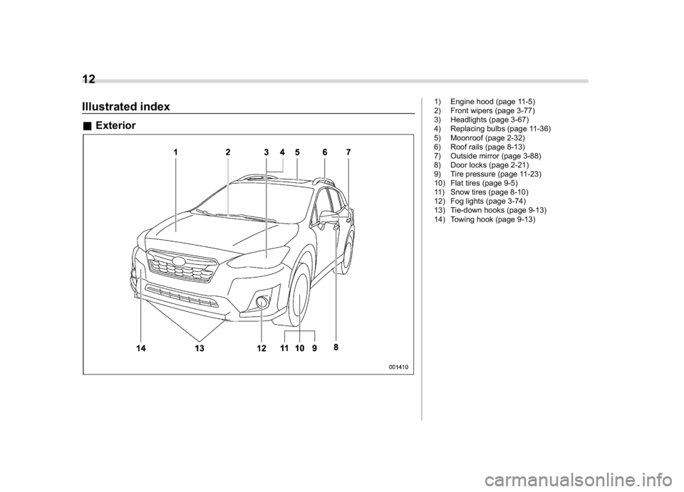 SUBARU CROSSTREK 2018  Owners Manual (14,1)
北米Model "A1320BE-C" EDITED: 2017/ 10/ 10
Illustrated index&Exterior
1) Engine hood (page 11-5)
2) Front wipers (page 3-77)
3) Headlights (page 3-67)
4) Replacing bulbs (page 11-36)
5) Moonr