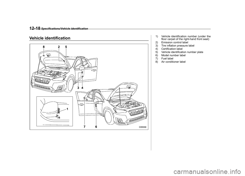 SUBARU CROSSTREK 2018 Owners Manual (458,1)
北米Model "A1320BE-C" EDITED: 2017/ 10/ 10
Vehicle identification
1) Vehicle identification number (under the
floor carpet of the right-hand front seat)
2) Emission control label
3) Tire inf SUBARU CROSSTREK 2018 Owners Manual (458,1)
北米Model "A1320BE-C" EDITED: 2017/ 10/ 10
Vehicle identification
1) Vehicle identification number (under the
floor carpet of the right-hand front seat)
2) Emission control label
3) Tire inf
