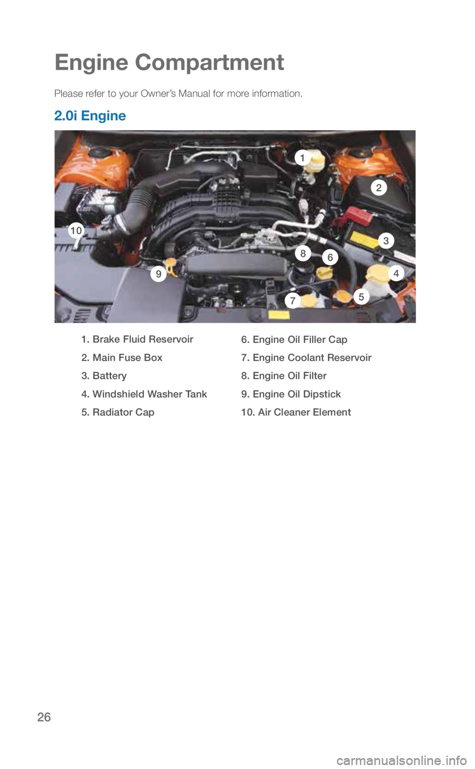 SUBARU CROSSTREK 2018 Quick Guide 26
Engine Compartment
Please refer to your Owner’s Manual for more information.
2.0i Engine
1. Brake Fluid Reservoir
2. Main Fuse Box
3. Battery
4. Windshield Washer Tank
5. Radiator Cap SUBARU CROSSTREK 2018 Quick Guide 26
Engine Compartment
Please refer to your Owner’s Manual for more information.
2.0i Engine
1. Brake Fluid Reservoir
2. Main Fuse Box
3. Battery
4. Windshield Washer Tank
5. Radiator Cap