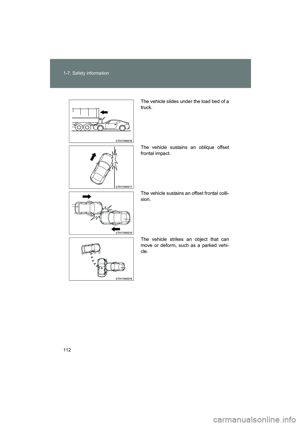 SUBARU BRZ 2018 Owners Manual 112 1-7. Safety information
BRZ_U (A4450BE-A)
The vehicle slides under the load bed of a
truck.
The vehicle sustains an oblique offset
frontal impact.
The vehicle sustains an offset frontal colli-
sio SUBARU BRZ 2018 Owners Manual 112 1-7. Safety information
BRZ_U (A4450BE-A)
The vehicle slides under the load bed of a
truck.
The vehicle sustains an oblique offset
frontal impact.
The vehicle sustains an offset frontal colli-
sio