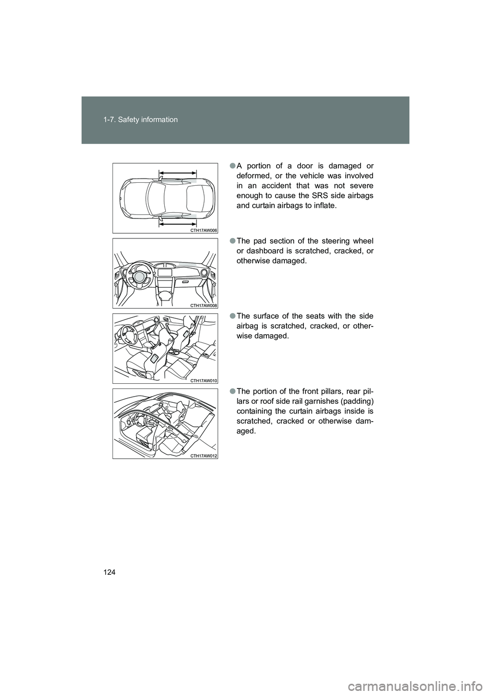 SUBARU BRZ 2018 Owners Manual 124 1-7. Safety information
BRZ_U (A4450BE-A)
●A portion of a door is damaged or
deformed, or the vehicle was involved
in an accident that was not severe
enough to cause the SRS side airbags
and cur SUBARU BRZ 2018 Owners Manual 124 1-7. Safety information
BRZ_U (A4450BE-A)
●A portion of a door is damaged or
deformed, or the vehicle was involved
in an accident that was not severe
enough to cause the SRS side airbags
and cur