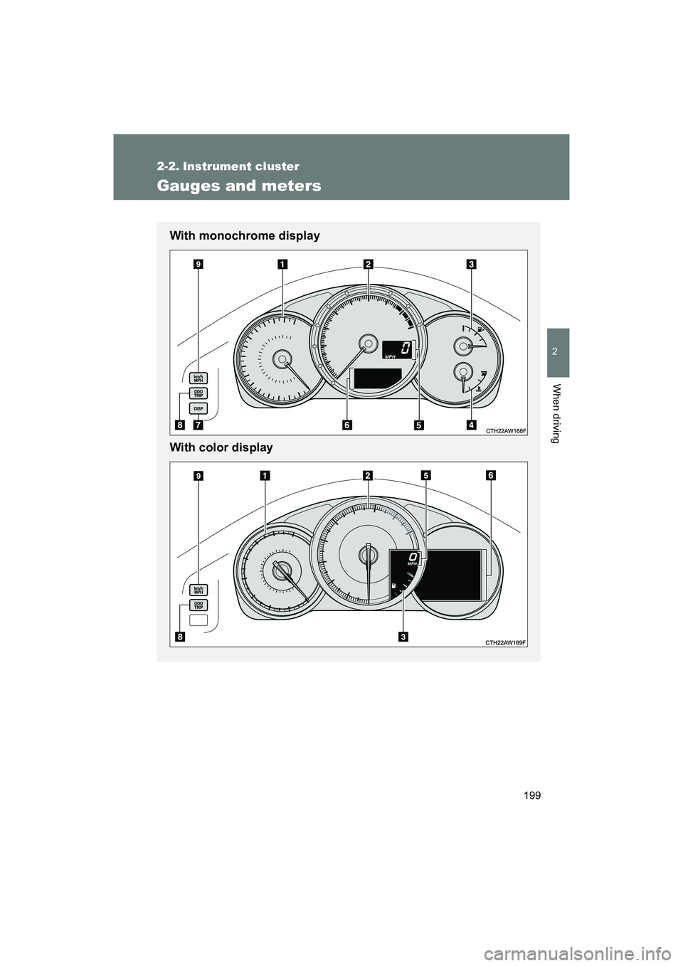 SUBARU BRZ 2018  Owners Manual 199
2
When driving
BRZ_U (A4450BE-A)
2-2. Instrument cluster
Gauges and meters
With monochrome display
With color display 