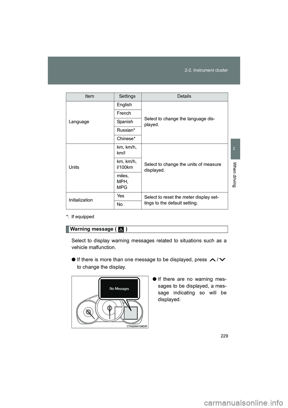 SUBARU BRZ 2018  Owners Manual 229
2-2. Instrument cluster
2
When driving
BRZ_U (A4450BE-A)
*: If equipped
Warning message (   )
Select to display warning messages related to situations such as a
vehicle malfunction.
● If there i