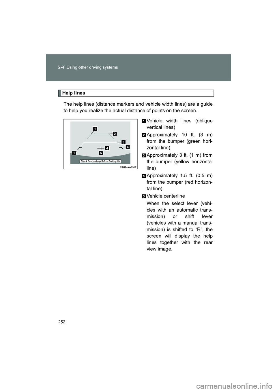 SUBARU BRZ 2018 Owners Manual 252 2-4. Using other driving systems
BRZ_U (A4450BE-A)
Help linesThe help lines (distance markers and vehicle width lines) are a guide
to help you realize the actual distance of points on the screen. SUBARU BRZ 2018 Owners Manual 252 2-4. Using other driving systems
BRZ_U (A4450BE-A)
Help linesThe help lines (distance markers and vehicle width lines) are a guide
to help you realize the actual distance of points on the screen.