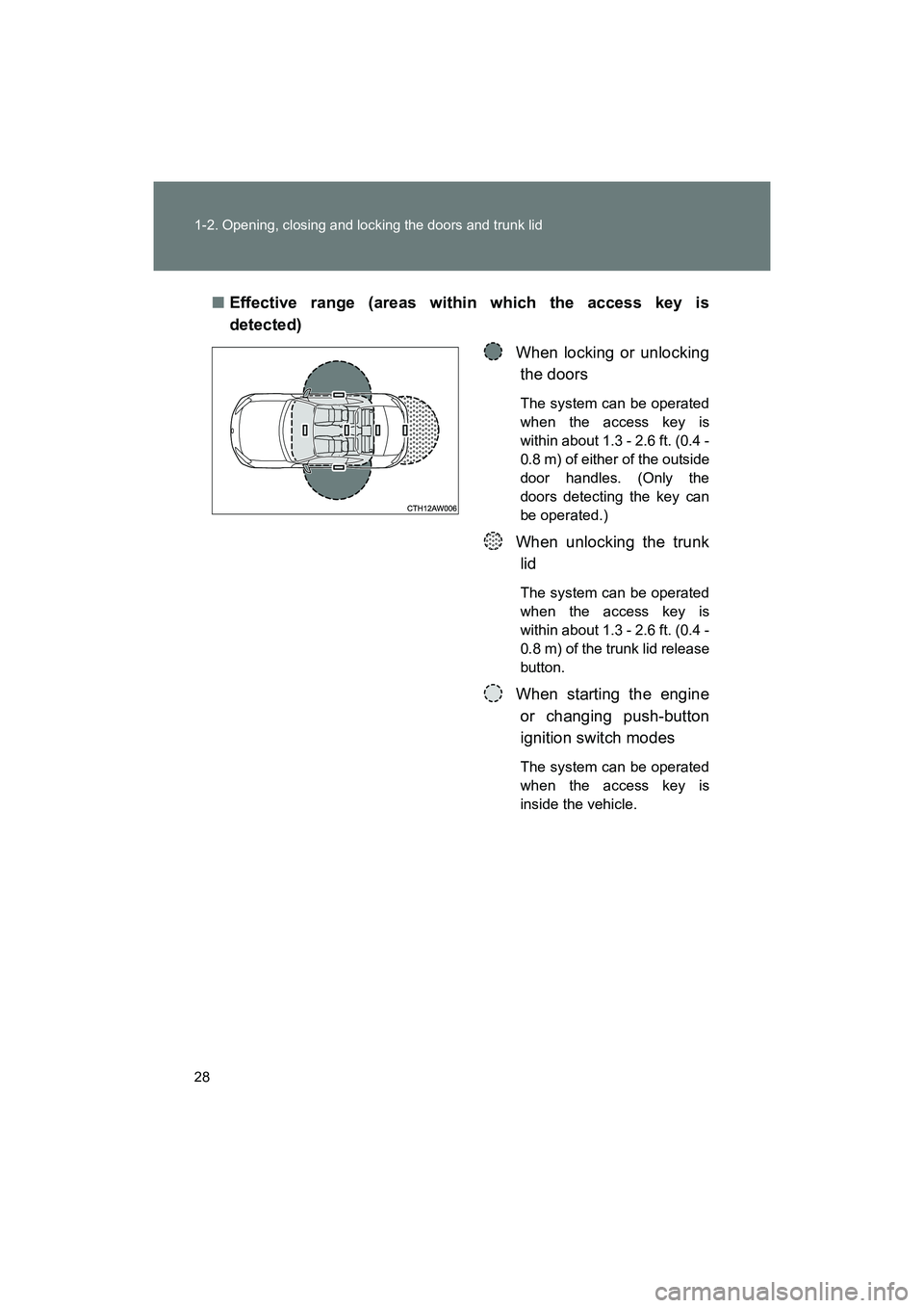 SUBARU BRZ 2018 Owners Manual 28 1-2. Opening, closing and locking the doors and trunk lid
BRZ_U (A4450BE-A)■
Effective range (areas within which the access key is
detected)
When locking or unlockingthe doors
The system can be o SUBARU BRZ 2018 Owners Manual 28 1-2. Opening, closing and locking the doors and trunk lid
BRZ_U (A4450BE-A)■
Effective range (areas within which the access key is
detected)
When locking or unlockingthe doors
The system can be o