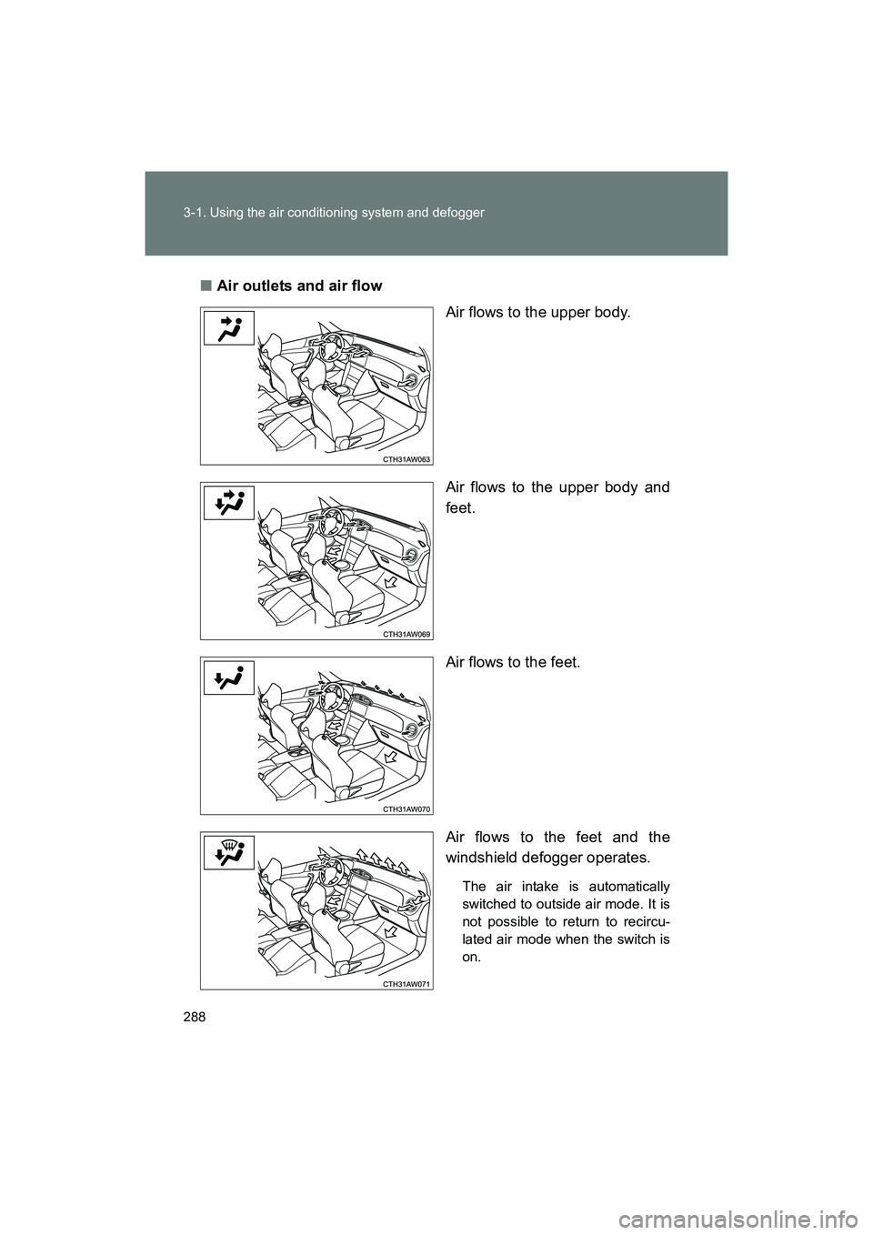 SUBARU BRZ 2018  Owners Manual 288 3-1. Using the air conditioning system and defogger
BRZ_U (A4450BE-A)■
Air outlets and air flow
Air flows to the upper body.
Air flows to the upper body and
feet.
Air flows to the feet.
Air flow
