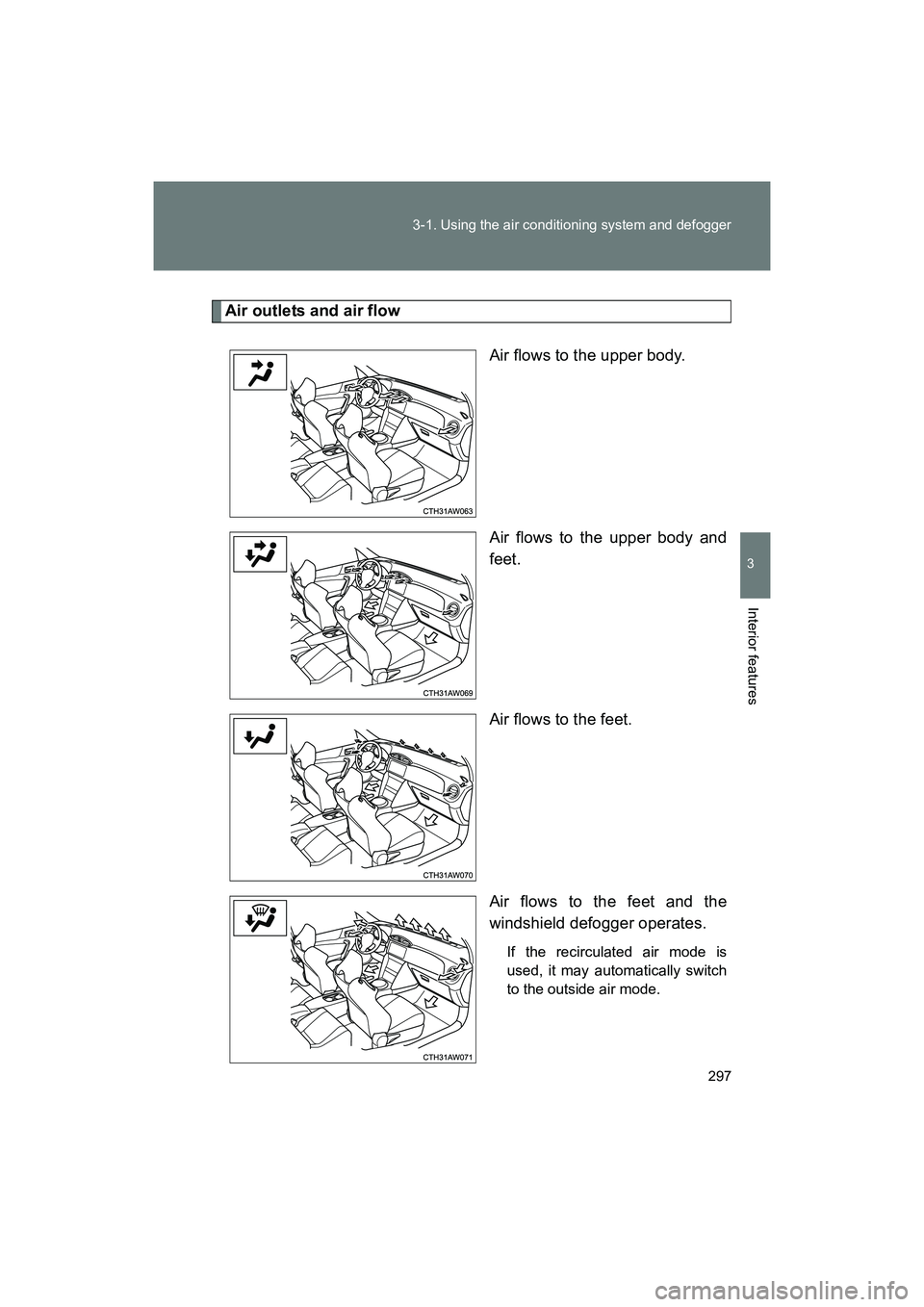 SUBARU BRZ 2018  Owners Manual 297
3-1. Using the air conditioning system and defogger
3
Interior features
BRZ_U (A4450BE-A)
Air outlets and air flow
Air flows to the upper body.
Air flows to the upper body and
feet.
Air flows to t