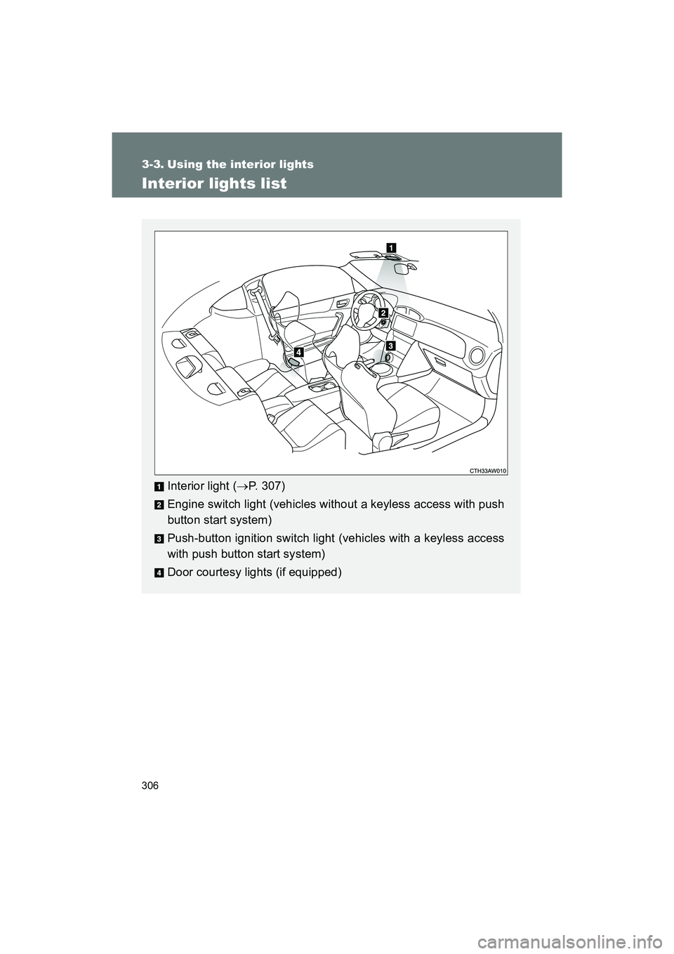 SUBARU BRZ 2018 Owners Manual 306
BRZ_U (A4450BE-A)
3-3. Using the interior lights
Interior lights list
Interior light (→P. 307)
Engine switch light (vehicles without a keyless access with push
button start system)
Push-button i SUBARU BRZ 2018 Owners Manual 306
BRZ_U (A4450BE-A)
3-3. Using the interior lights
Interior lights list
Interior light (→P. 307)
Engine switch light (vehicles without a keyless access with push
button start system)
Push-button i