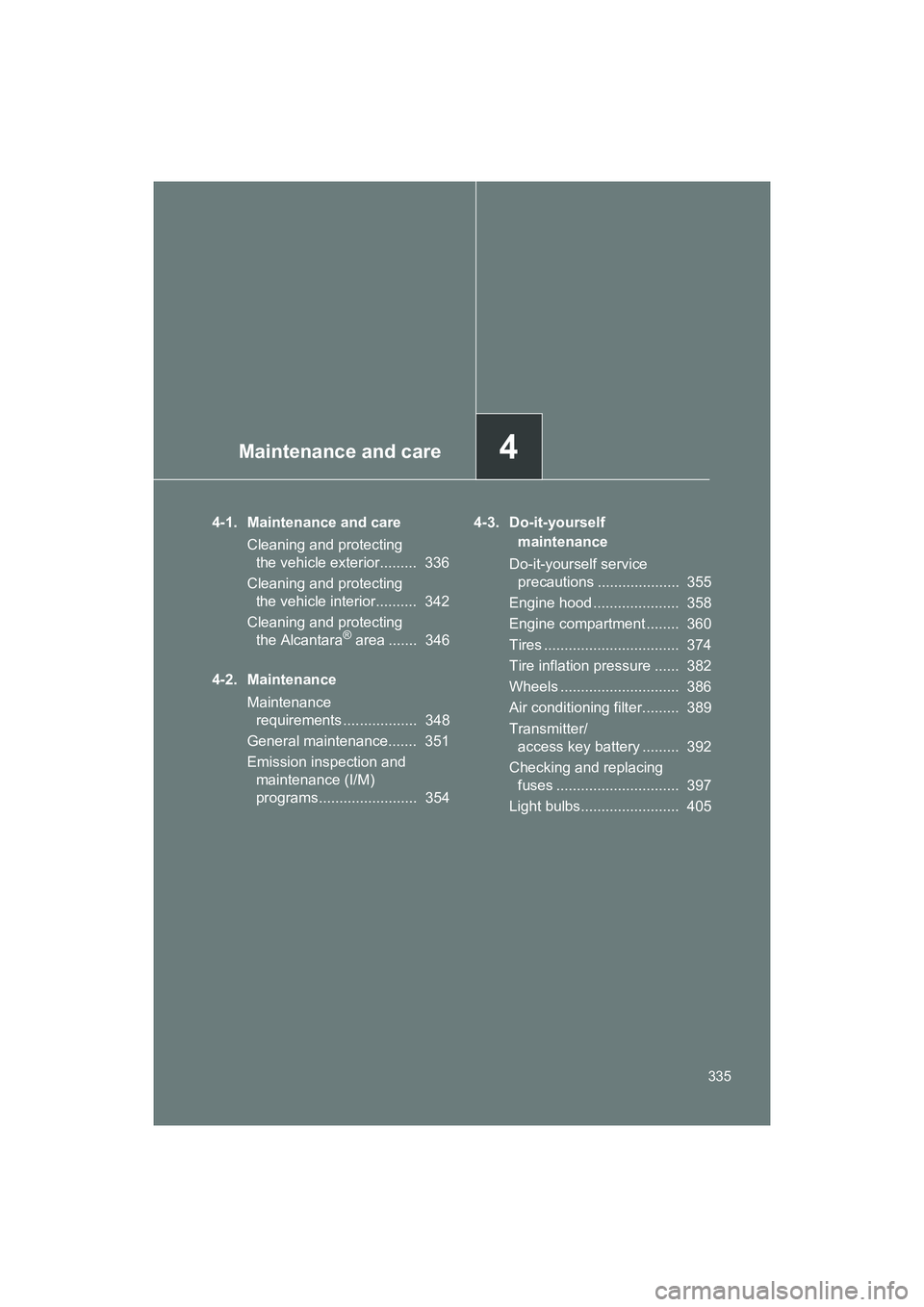SUBARU BRZ 2018 Owners Manual Maintenance and care4
335
BRZ_U (A4450BE-A)
4-1. Maintenance and careCleaning and protecting the vehicle exterior......... 336
Cleaning and protecting the vehicle interior.......... 342
Cleaning an SUBARU BRZ 2018 Owners Manual Maintenance and care4
335
BRZ_U (A4450BE-A)
4-1. Maintenance and careCleaning and protecting the vehicle exterior......... 336
Cleaning and protecting the vehicle interior.......... 342
Cleaning an