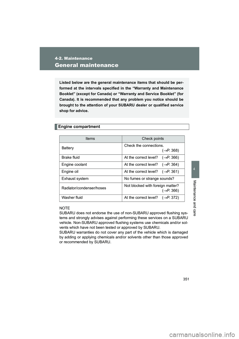 SUBARU BRZ 2018 Owners Manual 351
4-2. Maintenance
4
Maintenance and care
BRZ_U (A4450BE-A)
General maintenance
Engine compartment
NOTE
SUBARU does not endorse the use of non-SUBARU approved flushing sys-
tems and strongly advise SUBARU BRZ 2018 Owners Manual 351
4-2. Maintenance
4
Maintenance and care
BRZ_U (A4450BE-A)
General maintenance
Engine compartment
NOTE
SUBARU does not endorse the use of non-SUBARU approved flushing sys-
tems and strongly advise