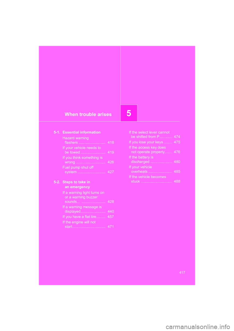SUBARU BRZ 2018  Owners Manual When trouble arises5
417
BRZ_U (A4450BE-A)
5-1. Essential informationHazard warning flashers ..........................  418
If your vehicle needs to  be towed ........................  419
If you thi