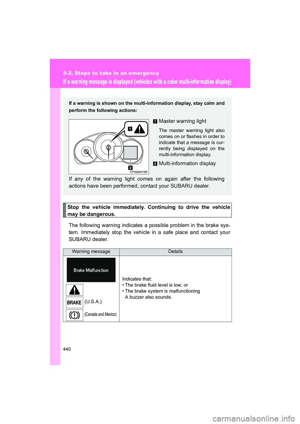 SUBARU BRZ 2018 Owners Manual 440
5-2. Steps to take in an emergency
BRZ_U (A4450BE-A)
If a warning message is displayed (vehicles with a color multi-infor mation display)
Stop the vehicle immediately. Continuing to drive the vehi SUBARU BRZ 2018 Owners Manual 440
5-2. Steps to take in an emergency
BRZ_U (A4450BE-A)
If a warning message is displayed (vehicles with a color multi-infor mation display)
Stop the vehicle immediately. Continuing to drive the vehi