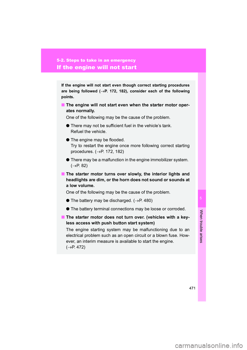 SUBARU BRZ 2018 Owners Manual 5
When trouble arises
471
5-2. Steps to take in an emergency
BRZ_U (A4450BE-A)
If the engine will not start
If the engine will not start even though correct starting procedures
are being followed ( ↠SUBARU BRZ 2018 Owners Manual 5
When trouble arises
471
5-2. Steps to take in an emergency
BRZ_U (A4450BE-A)
If the engine will not start
If the engine will not start even though correct starting procedures
are being followed ( â†