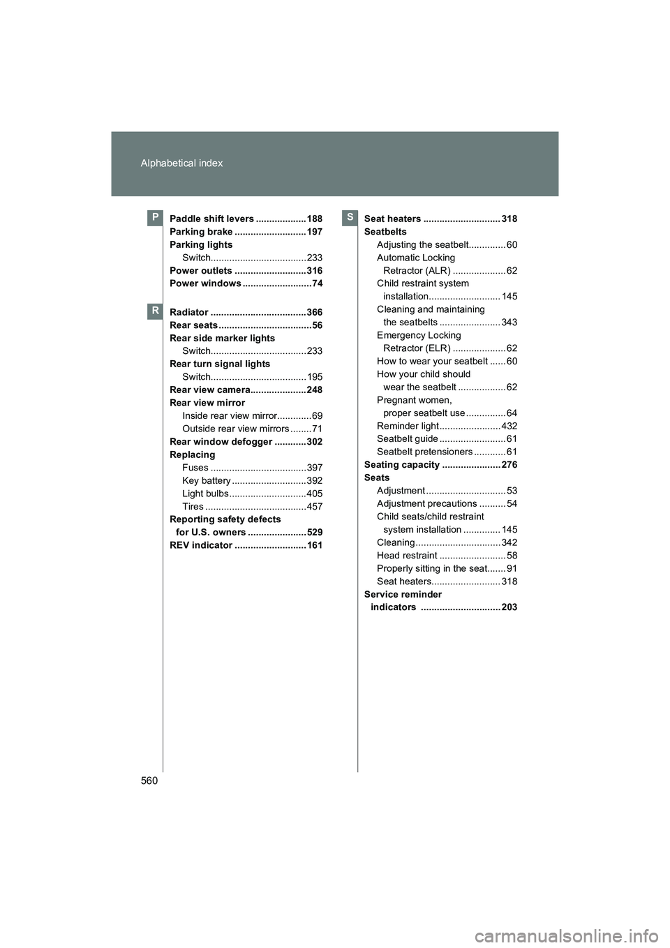 SUBARU BRZ 2018 Owners Manual 560 Alphabetical index
BRZ_U (A4450BE-A)
Paddle shift levers ................... 188
Parking brake ........................... 197
Parking lightsSwitch.................................... 233
Power ou SUBARU BRZ 2018 Owners Manual 560 Alphabetical index
BRZ_U (A4450BE-A)
Paddle shift levers ................... 188
Parking brake ........................... 197
Parking lightsSwitch.................................... 233
Power ou