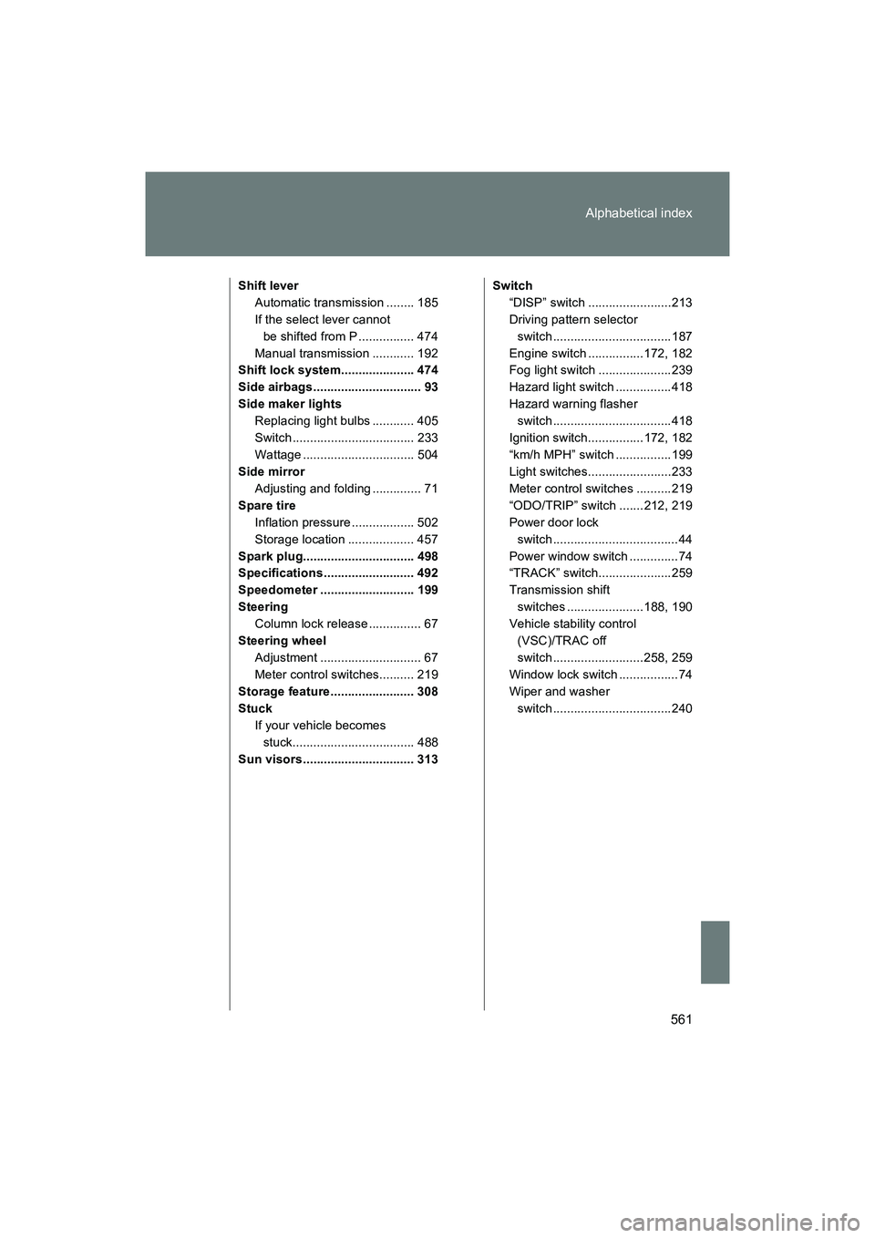SUBARU BRZ 2018 Owners Manual 561
Alphabetical index
BRZ_U (A4450BE-A)
Shift lever
Automatic transmission ........ 185
If the select lever cannot be shifted from P ................ 474
Manual transmission ............ 192
Shift lo SUBARU BRZ 2018 Owners Manual 561
Alphabetical index
BRZ_U (A4450BE-A)
Shift lever
Automatic transmission ........ 185
If the select lever cannot be shifted from P ................ 474
Manual transmission ............ 192
Shift lo
