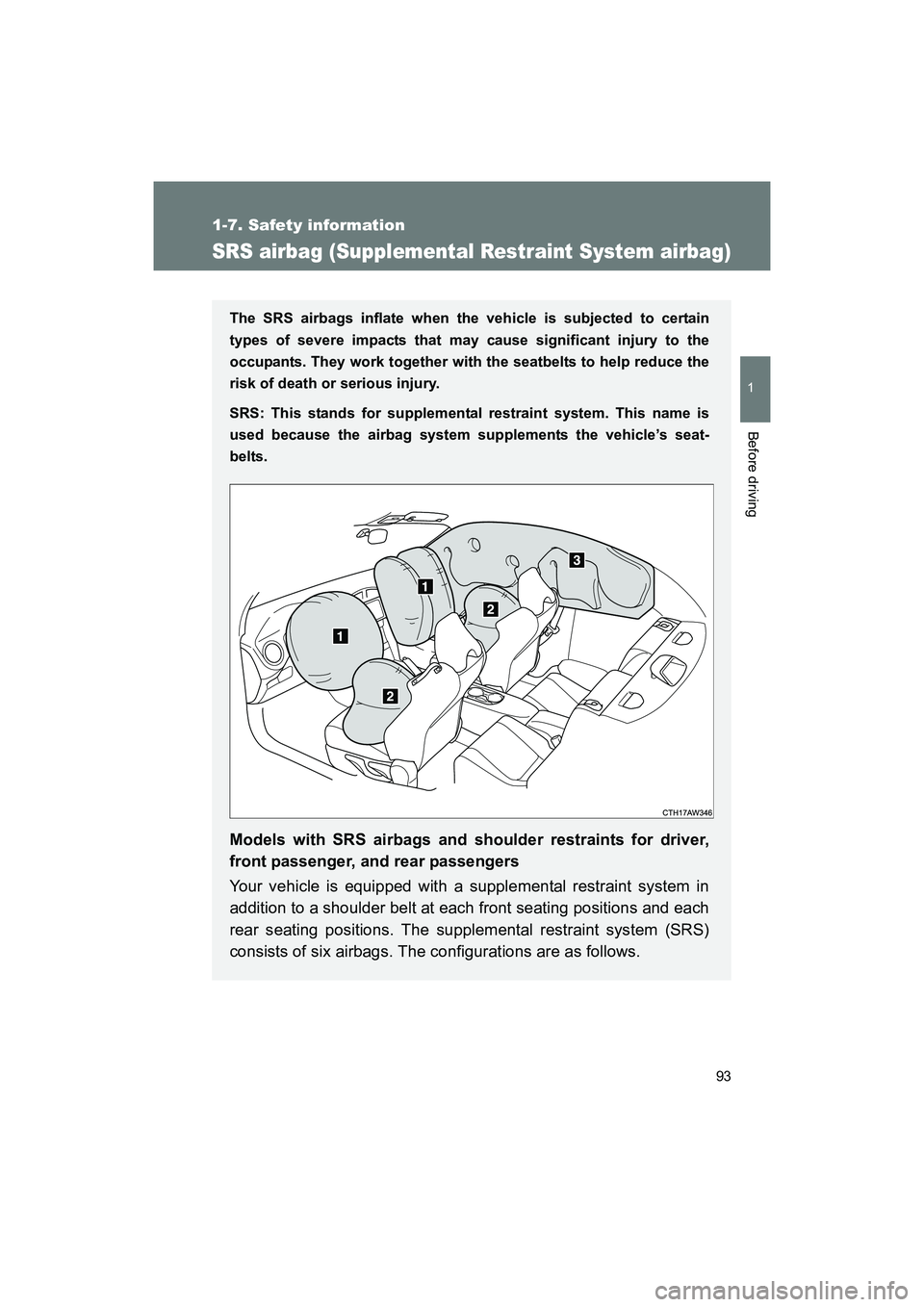 SUBARU BRZ 2018 Owners Manual 93
1
1-7. Safety information
Before driving
BRZ_U (A4450BE-A)
SRS airbag (Supplemental Restraint System airbag)
The SRS airbags inflate when the vehicle is subjected to certain
types of severe impacts SUBARU BRZ 2018 Owners Manual 93
1
1-7. Safety information
Before driving
BRZ_U (A4450BE-A)
SRS airbag (Supplemental Restraint System airbag)
The SRS airbags inflate when the vehicle is subjected to certain
types of severe impacts