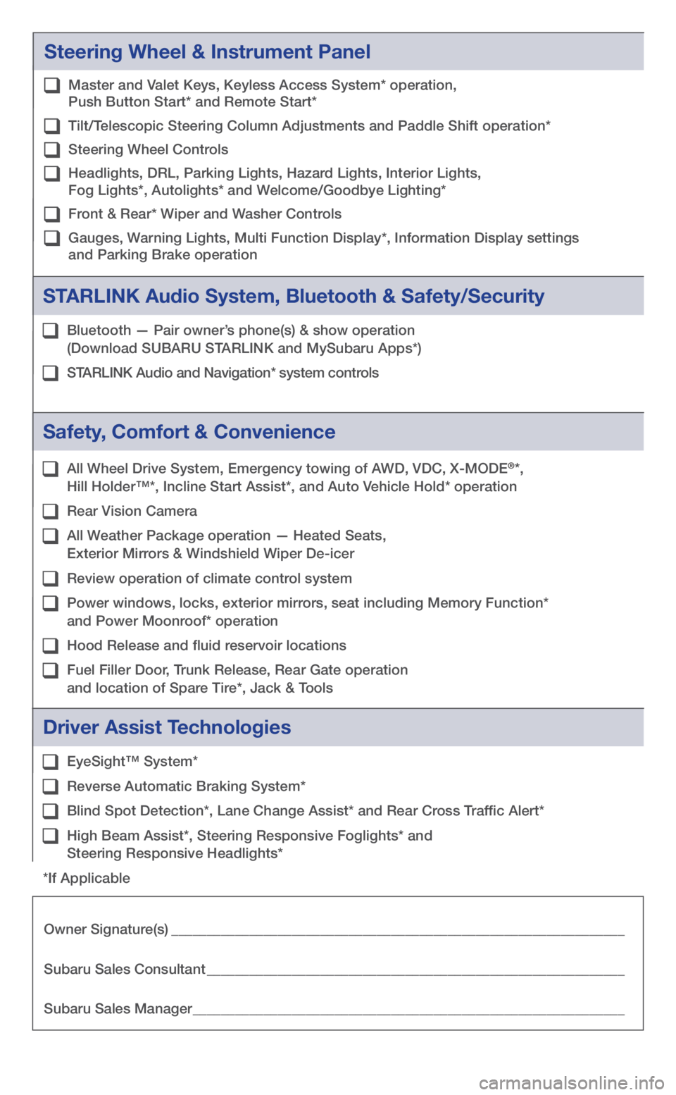 SUBARU BRZ 2018  Quick Guide Steering Wheel & Instrument Panel
   Master and Valet Keys, Keyless Access System* operation,  
Push Button Start* and Remote Start*
   Tilt/Telescopic Steering Column Adjustments and Paddle Shift ope