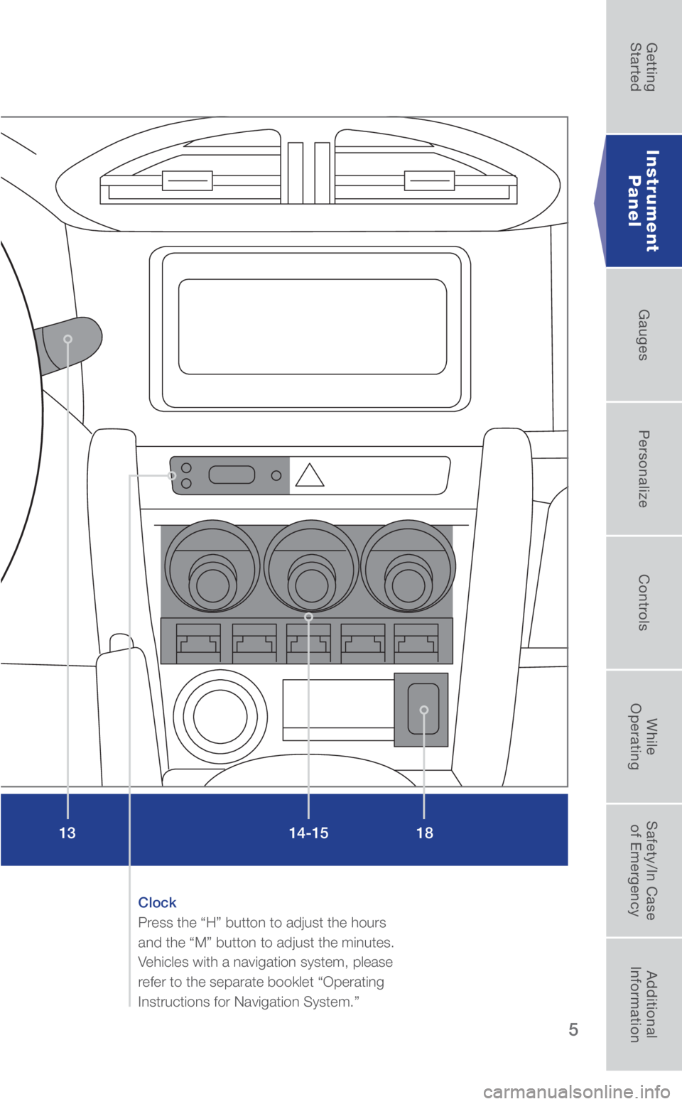 SUBARU BRZ 2018  Quick Guide 5
Clock 
Press the “H” button to adjust the hours 
and the “M” button to adjust the minutes. 
Vehicles with a navigation system, please 
refer to the separate booklet “Operating 
Instruction