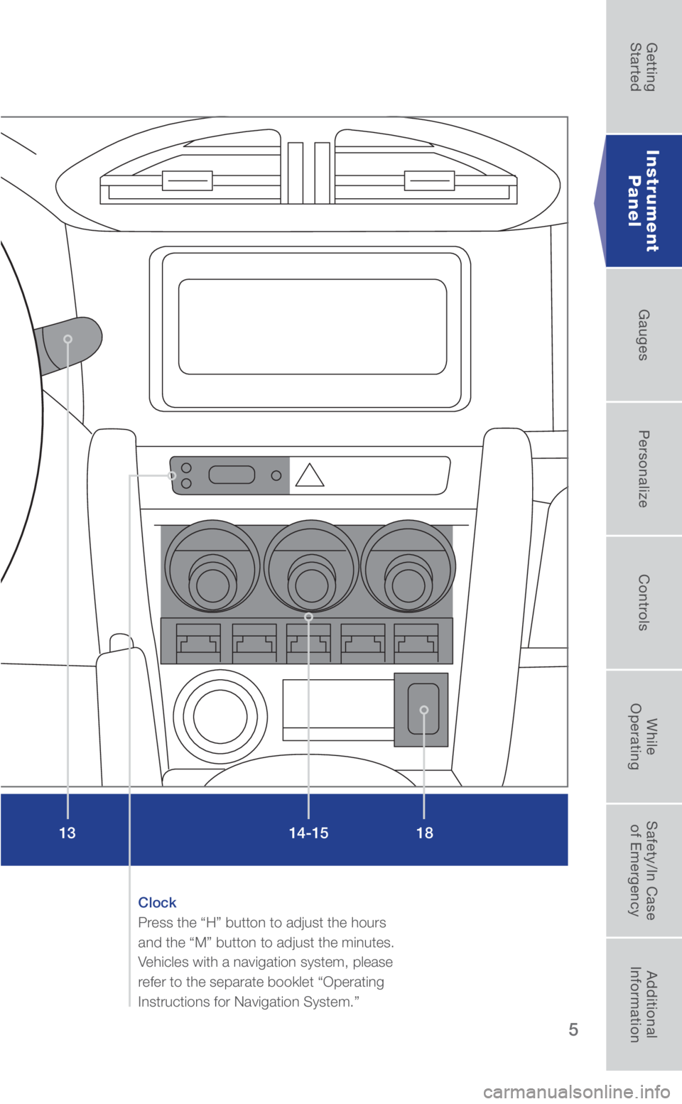 SUBARU BRZ 2018 Quick Guide 5
Clock
Press the “H” button to adjust the hours
and the “M” button to adjust the minutes.
Vehicles with a navigation system, please
refer to the separate booklet “Operating
Instruction SUBARU BRZ 2018 Quick Guide 5
Clock
Press the “H” button to adjust the hours
and the “M” button to adjust the minutes.
Vehicles with a navigation system, please
refer to the separate booklet “Operating
Instruction