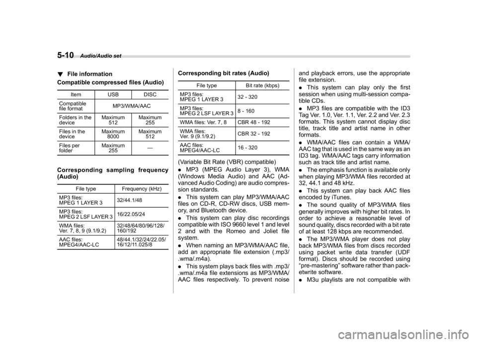SUBARU WRX 2018 Owners Manual (254,1)
北米Model "A1700BE-B" EDITED: 2017/ 10/ 11
!File information
Compatible compressed files (Audio)
Item USB DISC
Compatible
file formatMP3/WMA/AAC
Folders in the
deviceMaximum
512Maximum
255
F SUBARU WRX 2018 Owners Manual (254,1)
北米Model "A1700BE-B" EDITED: 2017/ 10/ 11
!File information
Compatible compressed files (Audio)
Item USB DISC
Compatible
file formatMP3/WMA/AAC
Folders in the
deviceMaximum
512Maximum
255
F
