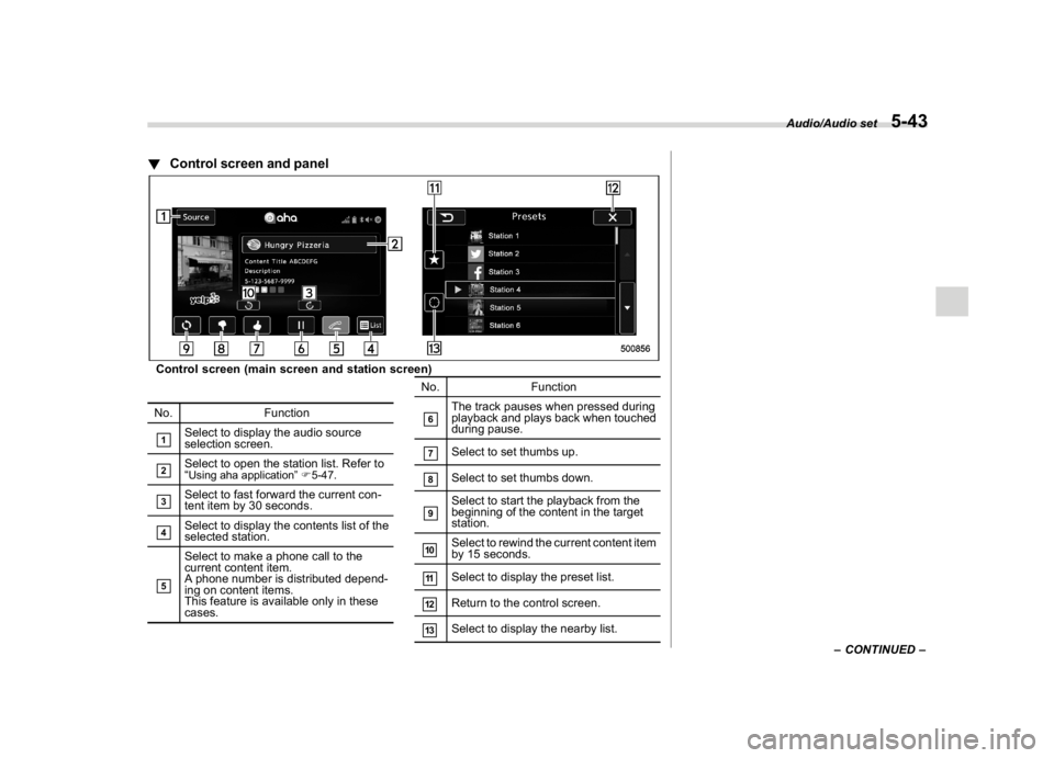 SUBARU WRX 2018 Owners Manual (287,1)
北米Model "A1700BE-B" EDITED: 2017/ 10/ 11
!Control screen and panelControl screen (main screen and station screen)
No. Function&1
Select to display the audio source
selection screen.
&2
Sel SUBARU WRX 2018 Owners Manual (287,1)
北米Model "A1700BE-B" EDITED: 2017/ 10/ 11
!Control screen and panelControl screen (main screen and station screen)
No. Function&1
Select to display the audio source
selection screen.
&2
Sel