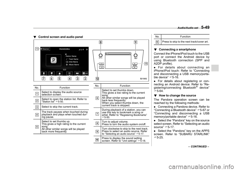 SUBARU WRX 2018 Owners Manual (293,1)
北米Model "A1700BE-B" EDITED: 2017/ 10/ 11
!Control screen and audio panelNo. Function&1
Select to display the audio source
selection screen.
&2
Select to open the station list. Refer to
“ SUBARU WRX 2018 Owners Manual (293,1)
北米Model "A1700BE-B" EDITED: 2017/ 10/ 11
!Control screen and audio panelNo. Function&1
Select to display the audio source
selection screen.
&2
Select to open the station list. Refer to
“