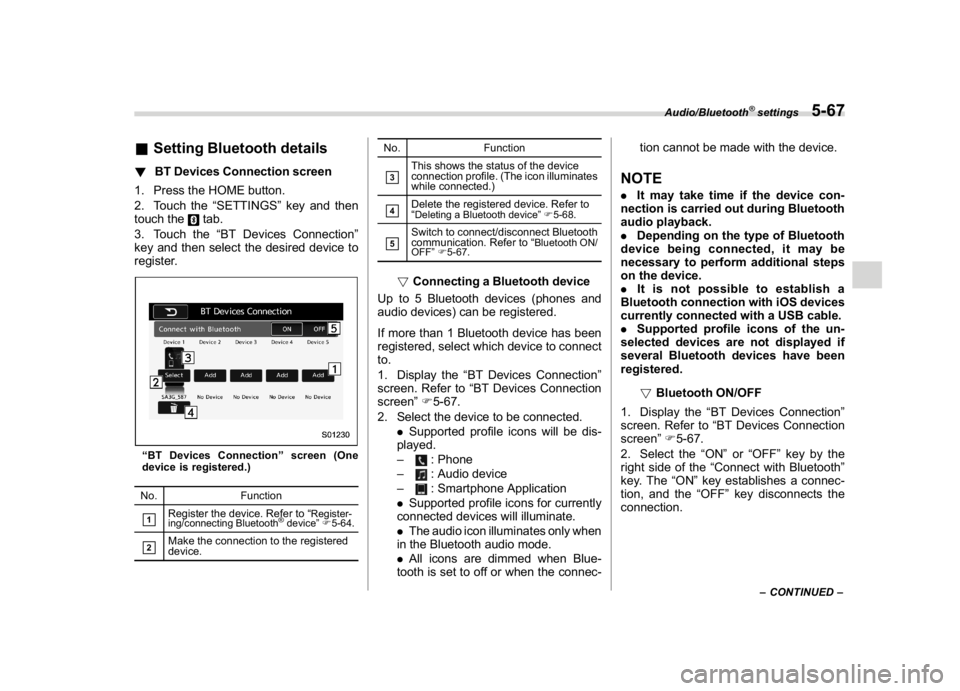 SUBARU WRX 2018 Owners Manual (311,1)
北米Model "A1700BE-B" EDITED: 2017/ 10/ 11
&Setting Bluetooth details!BT Devices Connection screen
1. Press the HOME button.
2. Touch the“SETTINGS”key and then
touch the
tab.
3. Touch th SUBARU WRX 2018 Owners Manual (311,1)
北米Model "A1700BE-B" EDITED: 2017/ 10/ 11
&Setting Bluetooth details!BT Devices Connection screen
1. Press the HOME button.
2. Touch the“SETTINGS”key and then
touch the
tab.
3. Touch th