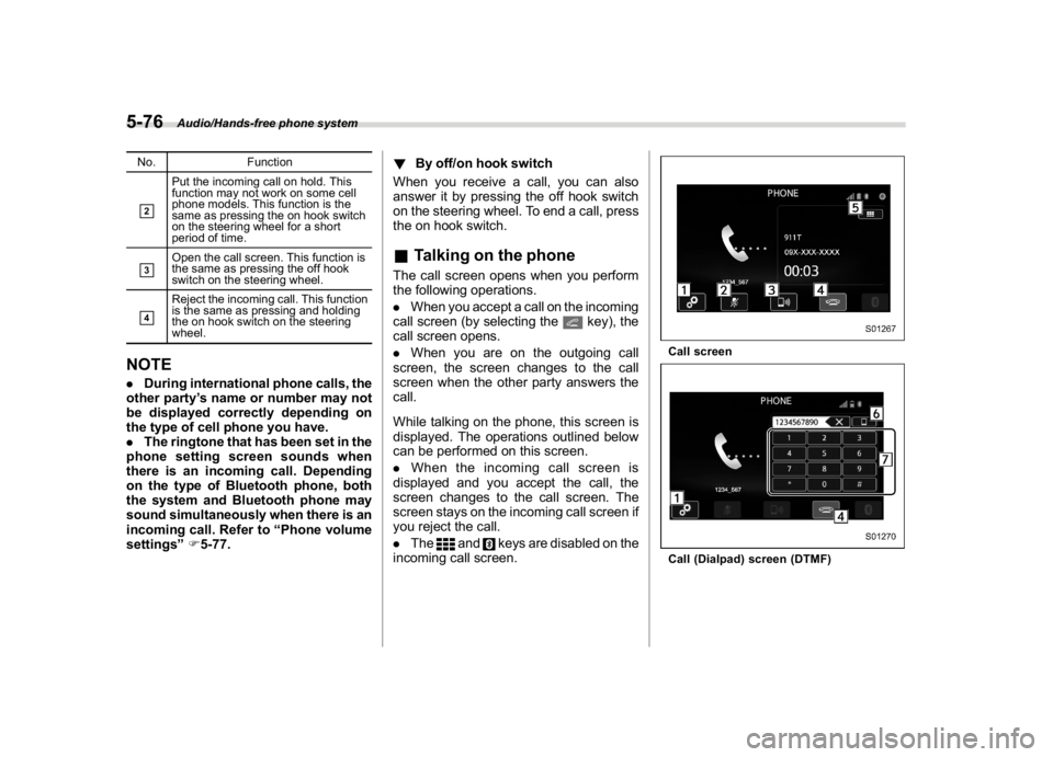 SUBARU WRX 2018  Owners Manual (320,1)
北米Model "A1700BE-B" EDITED: 2017/ 10/ 11
No. Function&2
Put the incoming call on hold. This
function may not work on some cell
phone models. This function is the
same as pressing the on ho