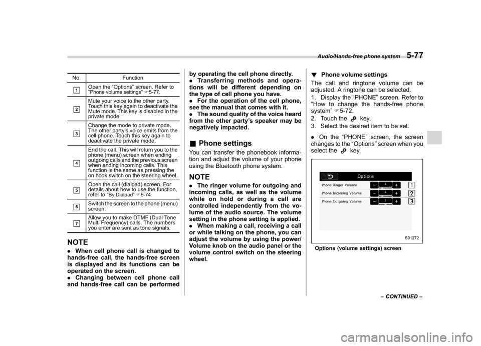 SUBARU WRX 2018  Owners Manual (321,1)
北米Model "A1700BE-B" EDITED: 2017/ 10/ 11
No. Function&1
Open the“Options”screen. Refer to
“Phone volume settings”F5-77.
&2
Mute your voice to the other party.
Touch this key again 