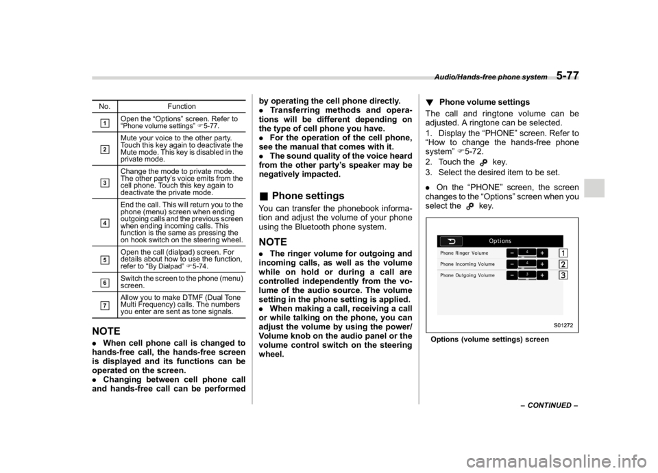 SUBARU WRX 2018 Service Manual (321,1)
北米Model "A1700BE-B" EDITED: 2017/ 10/ 11
No. Function&1
Open the“Options”screen. Refer to
“Phone volume settings”F5-77.
&2
Mute your voice to the other party.
Touch this key again 
