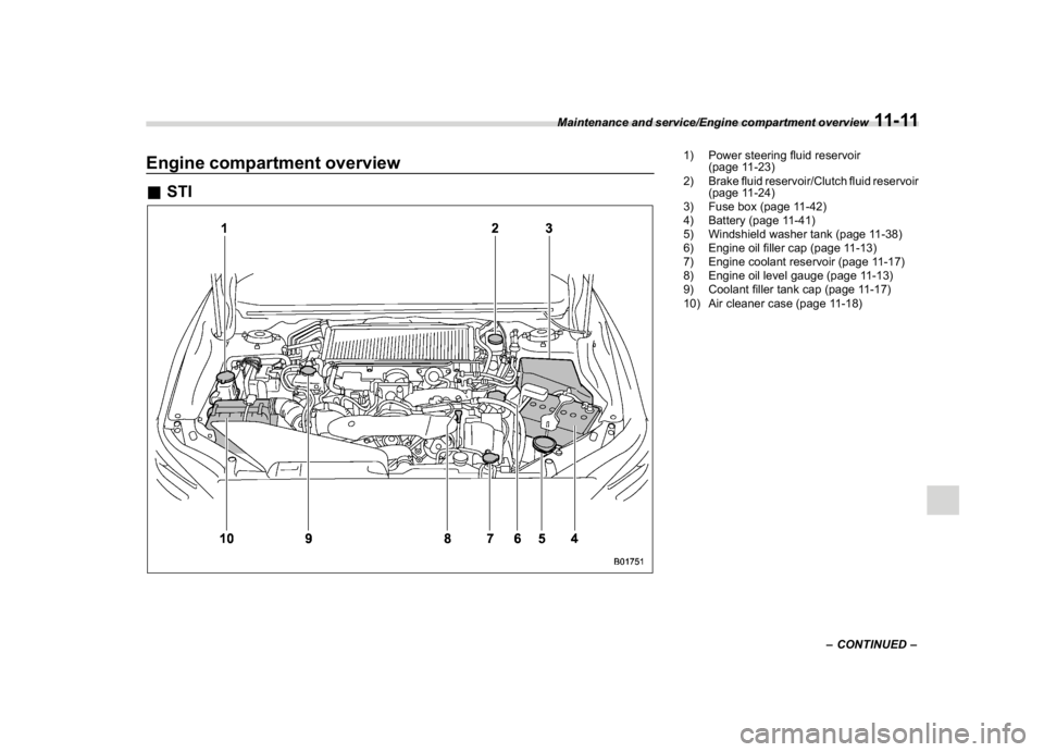 SUBARU WRX 2018  Owners Manual (509,1)
北米Model "A1700BE-B" EDITED: 2017/ 10/ 11
Engine compartment overview&STI
1) Power steering fluid reservoir
(page 11-23)
2) Brake fluid reservoir/Clutch fluid reservoir
(page 11-24)
3) Fuse