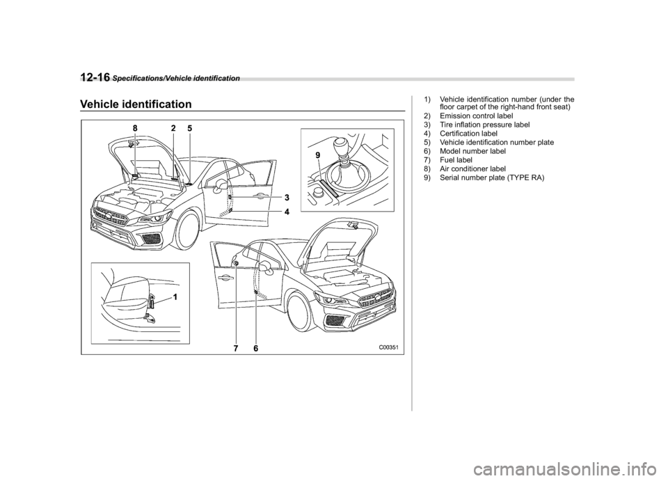 SUBARU WRX 2018  Owners Manual (570,1)
北米Model "A1700BE-B" EDITED: 2017/ 10/ 11
Vehicle identification
1) Vehicle identification number (under the
floor carpet of the right-hand front seat)
2) Emission control label
3) Tire inf