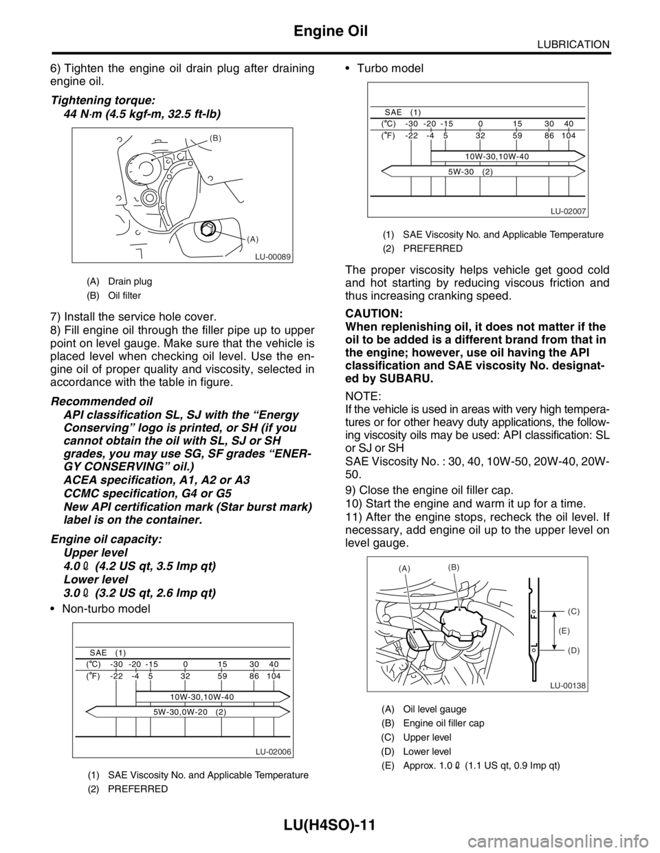 SUBARU FORESTER 2004  Service Repair Manual LU(H4SO)-11
LUBRICATION
Engine Oil
6) Tighten the engine oil drain plug after draining
engine oil.
Tightening torque:
44 N
⋅m (4.5 kgf-m, 32.5 ft-lb)
7) Install the service hole cover.
8) Fill engin