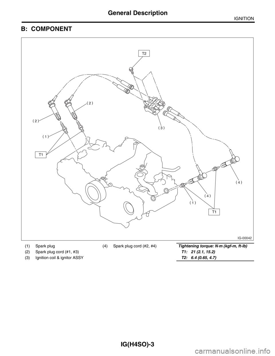 SUBARU FORESTER 2004  Service Repair Manual IG(H4SO)-3
IGNITION
General Description
B: COMPONENT
(1) Spark plug (4) Spark plug cord (#2, #4)Tightening torque: N⋅m (kgf-m, ft-lb)
(2) Spark plug cord (#1, #3)T1: 21 (2.1, 15.2)
(3) Ignition coil