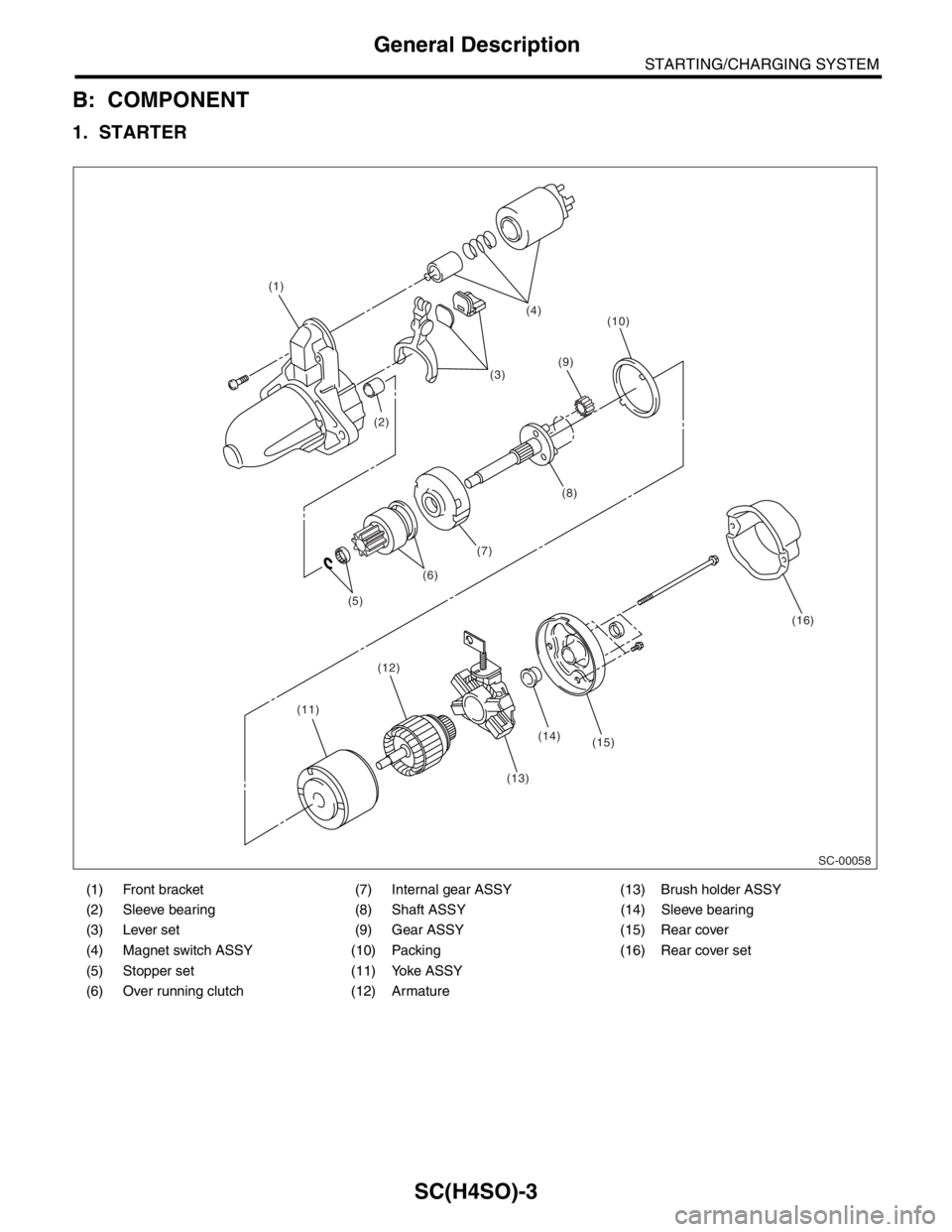 SUBARU FORESTER 2004  Service Repair Manual SC(H4SO)-3
STARTING/CHARGING SYSTEM
General Description
B: COMPONENT
1. STARTER
(1) Front bracket (7) Internal gear ASSY (13) Brush holder ASSY
(2) Sleeve bearing (8) Shaft ASSY (14) Sleeve bearing
(3